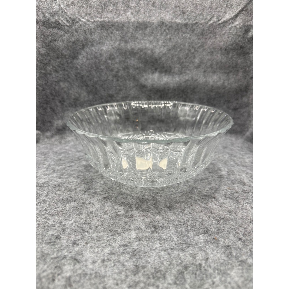 Vintage Clear Pressed Glass Bowl Ribbed Sides Diamond Scroll Pattern 7 Inch